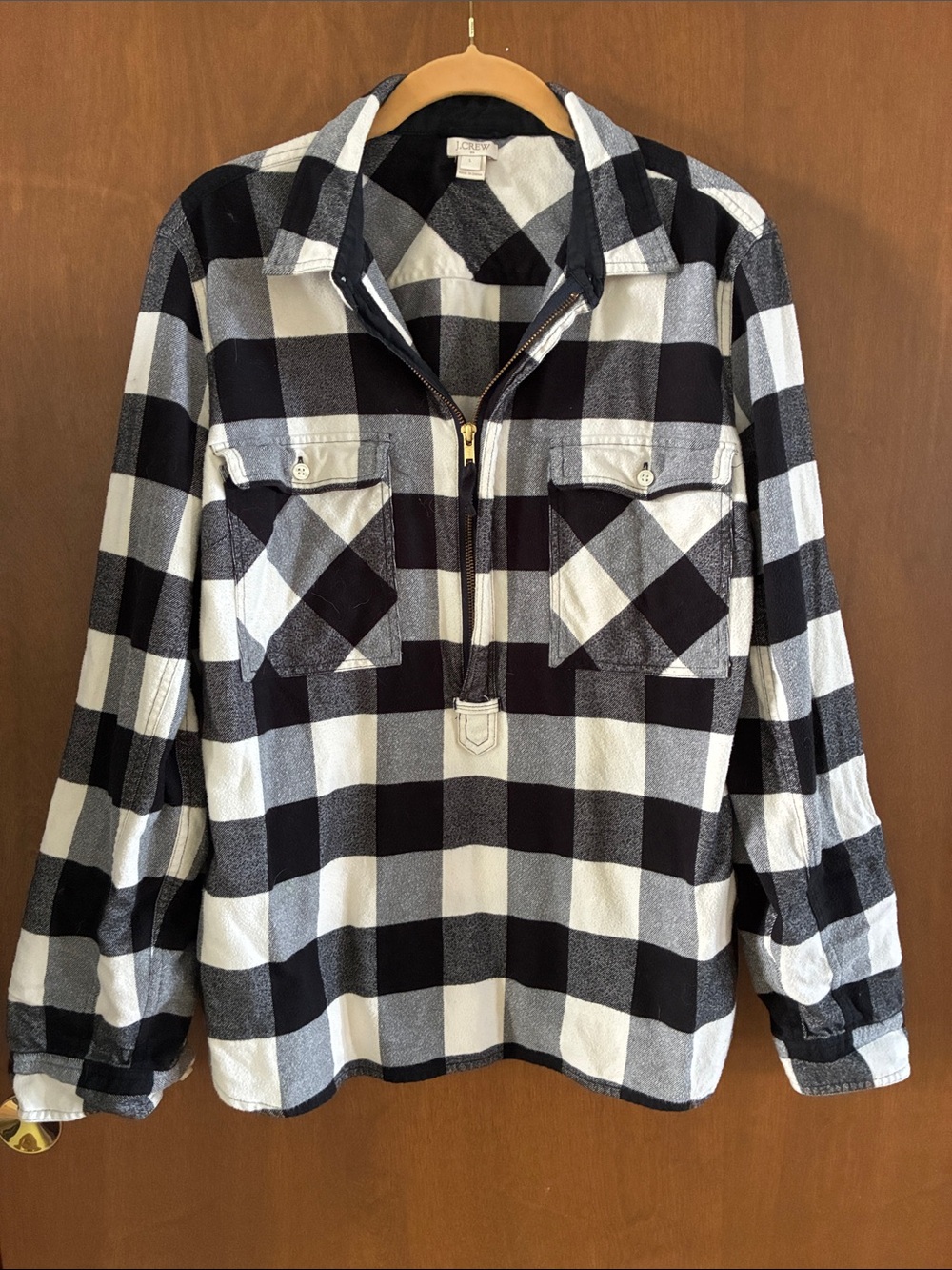 J Crew Black & White Buffalo Plaid Half-Zip Shirt Jacket size large